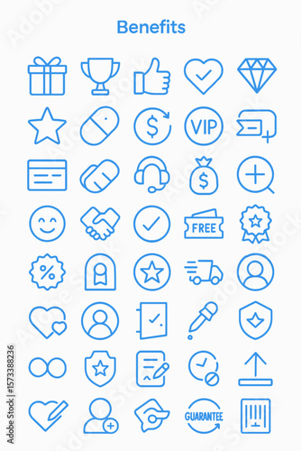 Collection of outlined icons representing benefits, including gift, trophy, heart, VIP, money, handshake, delivery, and more.