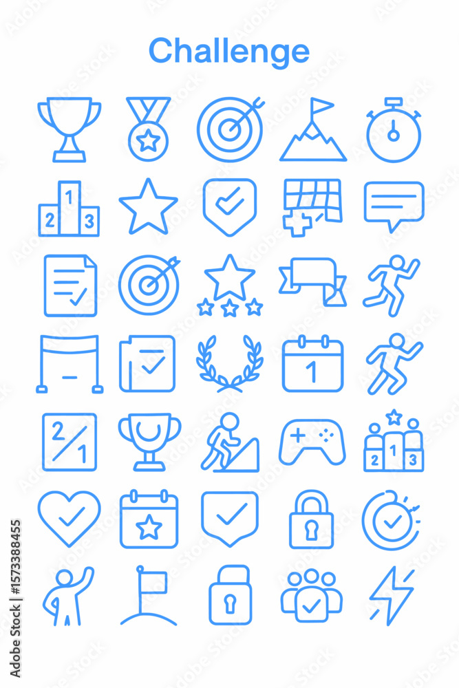 Obraz premium Collection of simple, outlined, light-blue icons representing various challenges and achievements.