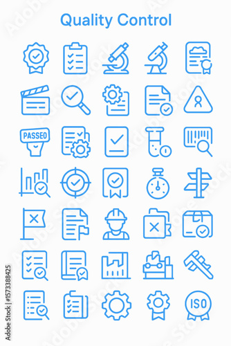 A comprehensive set of blue line icons representing quality control processes and standards.
