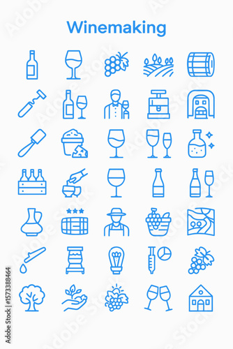 Collection of outlined icons depicting various stages and elements of winemaking.