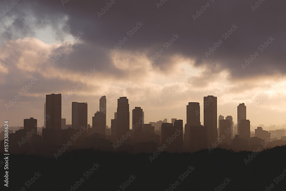 Obraz premium Dark Silhouetted City Skyline at Sunset Under a Dramatic Cloudy Sky Brown and Gray Tones Urban Landscape