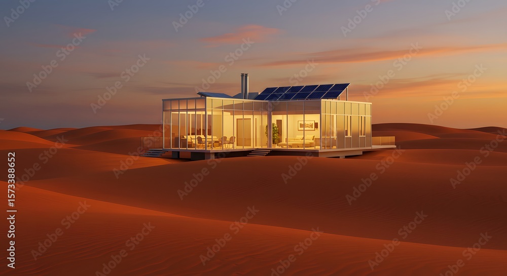 Obraz premium Modern house desert home solar panels architecture design building sand dunes landscape scenic view