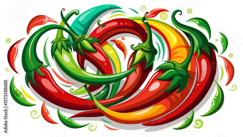   close up Bright organic chili peppers, thin and curved, range in red and green hues, arranged in a swirl with shine and shadow for dynamic, spicy-themed healthy food art. White background