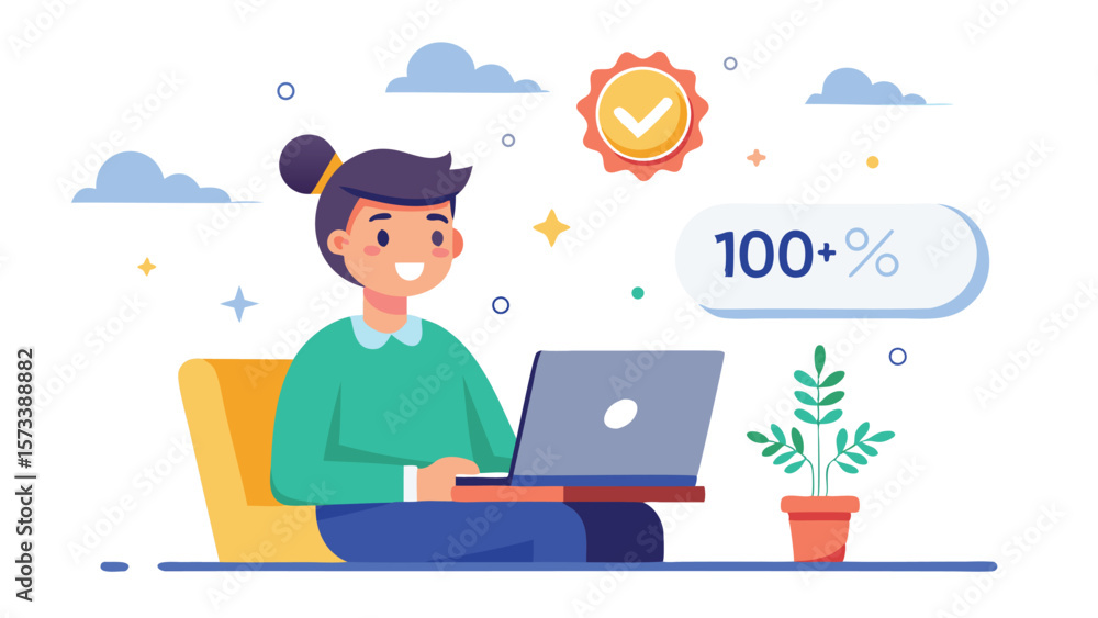 Illustration of a woman working on a laptop with a success badge and plant in a bright setting Illustration of a woman working on a laptop with a success badge and plant in a bright setting