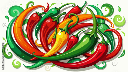   close up Bright organic chili peppers, thin and curved, range in red and green hues, arranged in a swirl with shine and shadow for dynamic, spicy-themed healthy food art. White background