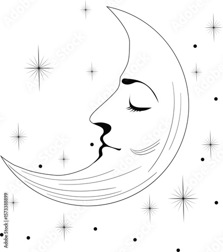 Sleeping crescent moon surrounded by stars. Black and white vector illustration isolated on transparent background.