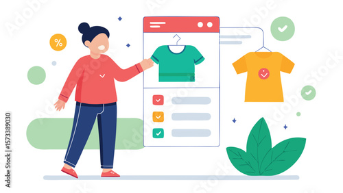 Woman interacting with online shopping interface displaying shirts and checklist options shown here