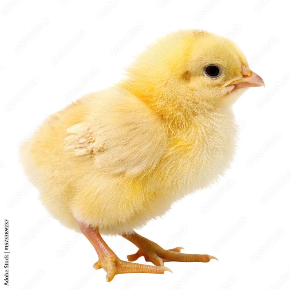 Obraz premium Charming yellow chick standing alone on a clean white background showcasing its fluffy feathers and curious expression