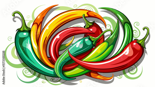   close up Bright organic chili peppers, thin and curved, range in red and green hues, arranged in a swirl with shine and shadow for dynamic, spicy-themed healthy food art. White background