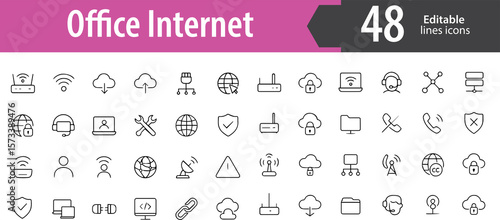 Office Internet Line Icons, WiFi Router, Ethernet Cable, Cloud Connection, Network Signal, Online Access, Editable Formats: AI, EPS, PNG, JPG, Ideal for Both Digital and Print Use
