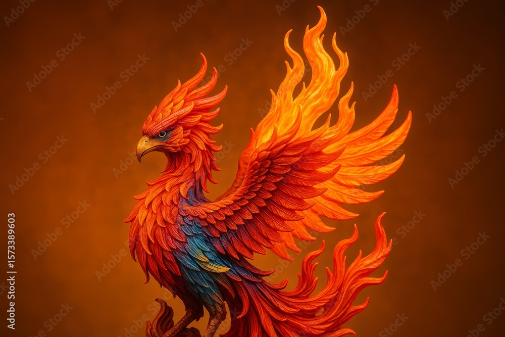Fiery phoenix with vibrant plumage and flames on a warm background Fiery phoenix with vibrant plumage and flames on a warm background