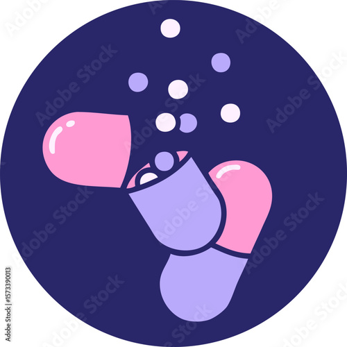 icon of burst open medical capsule pill in bright neon color