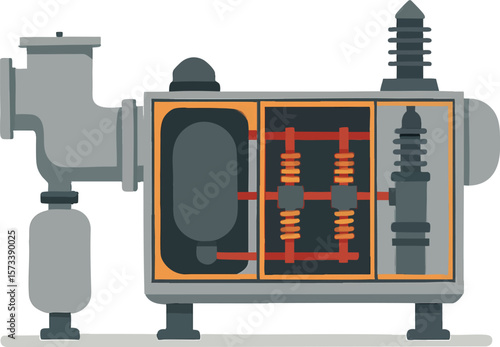 Flat vector gas-insulated switchgear (GIS) with cutaway showing internal compartments, isolated on white
