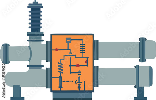 Flat vector gas-insulated switchgear (GIS) with cutaway showing internal compartments, isolated on white