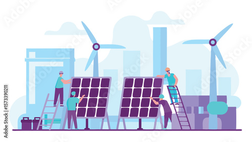 Illustration of workers installing solar panels with wind turbines in the background scene of a city