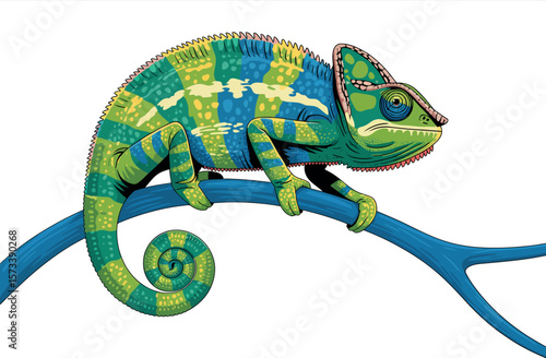 A colorful chameleon with green, blue, and yellow markings perched on a vibrant blue branch art


