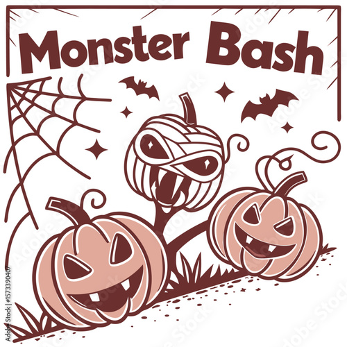 Illustration of a monster bash scene with pumpkins, bats, spiderweb, and a mummy pumpkin design element