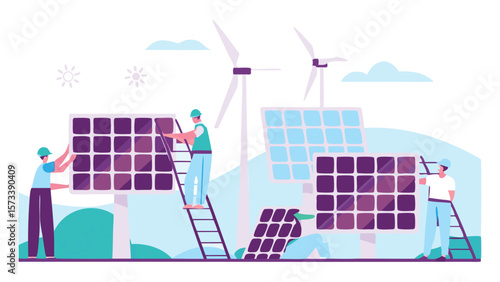 Illustration of workers installing solar panels with wind turbines in the background scene of energy