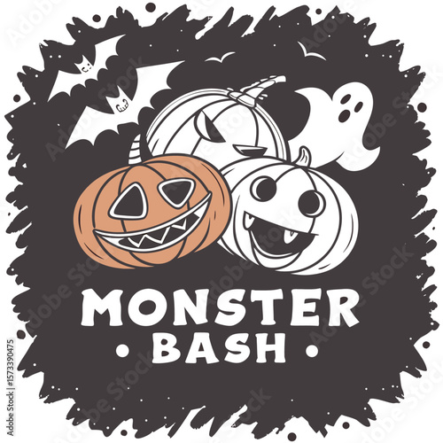 Illustration of three pumpkins, two bats, and a ghost against a dark background with monster bash text