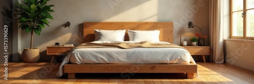 Warm wood floors, textured wallpaper, wooden headboard bed , comfort, elegant