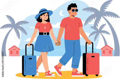 A couple walking hand in hand with suitcases on a beach with palm trees and small houses behind them


