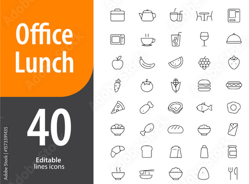 Office Lunch Line Icons, Lunchbox, Coffee Mug, Sandwich, Dining Table, Meal Break, Editable Formats: AI, EPS, PNG, JPG, Ideal for Both Digital and Print Use

