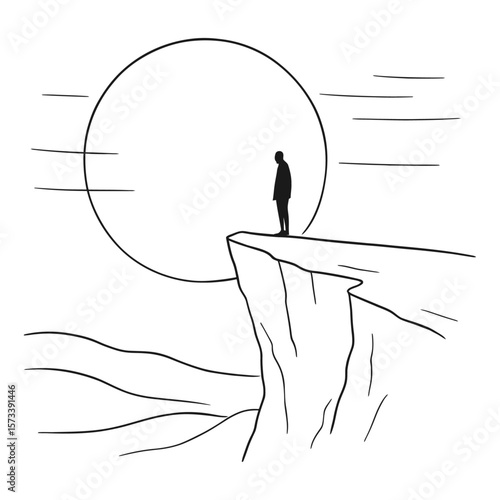 Lonely Man Standing on Cliff Line Art Illustration