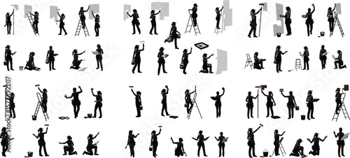Painter Silhouette Mega Set. Large collection of women decorating, doing home improvement, and working as artists on easels.