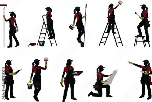 Woman Painter and Decorator Silhouette Set. Female handywoman doing home improvement and renovation.