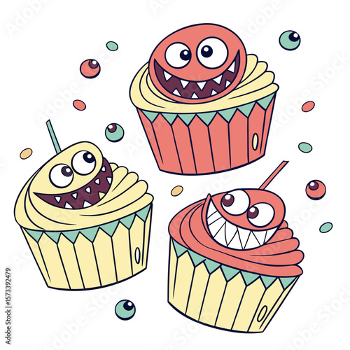 Illustration of three cartoon cupcakes with monster faces and sprinkles scattered around them nicely done