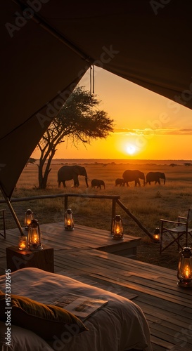 Luxury safari tent view of elephants at sunset in africa travel destination with lanterns on deck 100 on transparent background