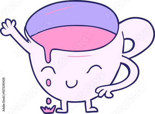 cartoon spilled teacup in bright neon color
