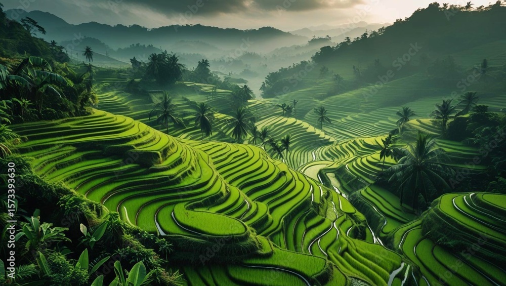 Lush Green Terraced Rice Fields Under Dramatic Cloudy Sky Lush Green Terraced Rice Fields Under Dramatic Cloudy Sky