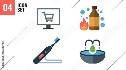 Illustration of online shopping, bottle with fire, toothbrush, and water fountain icons set


