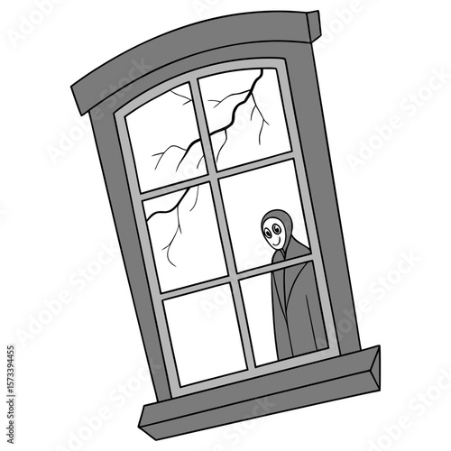 A figure in a cloak peers through a window with a cracked pane and grey frame at an angle view from below