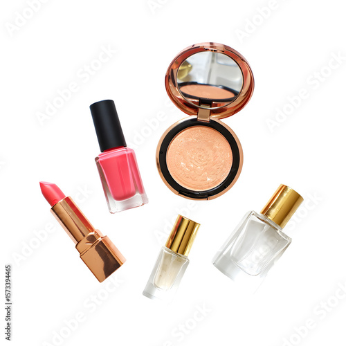 High-End Luxury Makeup Products on White Background, Featuring Lipstick, Nail Polish, Makeup Palette, and Powder Foundation, Beauty and Cosmetics Flat Lay Displa