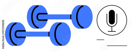 Pair of dumbbells in blue alongside a simple microphone icon. Ideal for fitness audio, voice training, sports content, health podcasts, active lifestyle, wellness-focused apps, or a simple landing