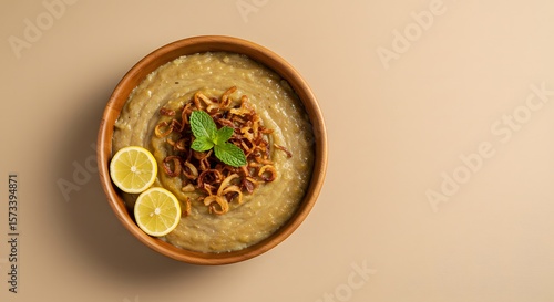 Delicious haleem recipe with lemon and fried onions in bowl food photography and tasty traditional dish