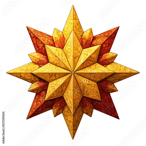 Intricate geometric star ornament with gold and red hues on white background.