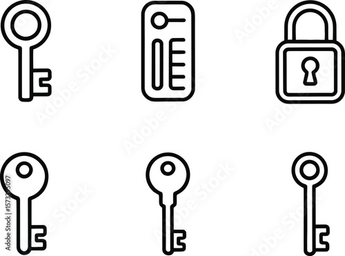 Simple Black Line Icons: Keys, Keycard, and Padlock; Security Concept