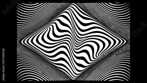 Abstract black and white optical illusion diamond shape with wavy lines