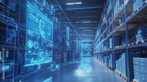Warehouse automation in action high-tech inventory management modern facility digital interface futuristic view