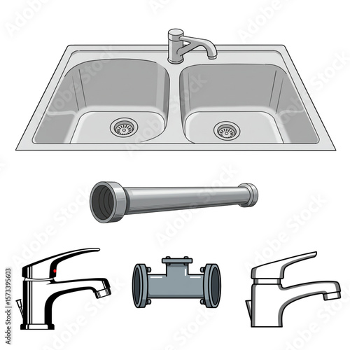 Kitchen sink design showing plumbing components and fixtures for domestic drainage systems in a detailed graphical style, perfect for remodeling guides.