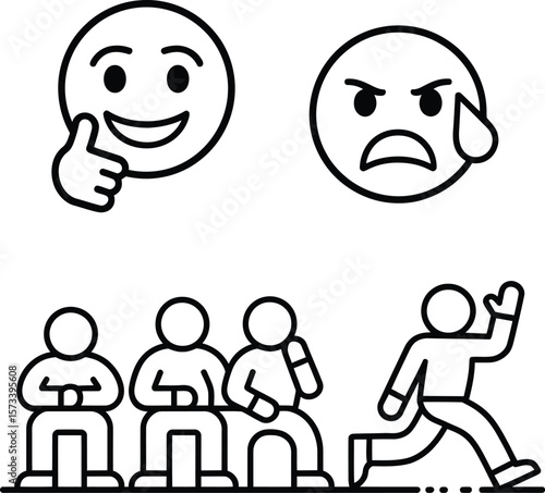 Happy and angry emoticons above people sitting and one person running away