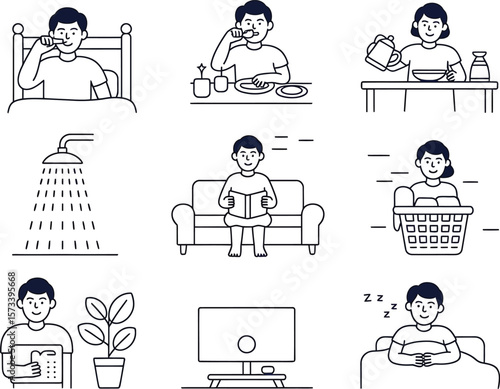 Daily routine icons showing people brushing teeth eating showering reading laundry and sleeping