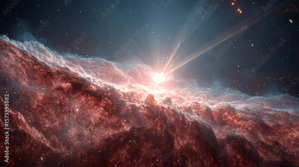 Fototapeta premium Nebula glows in deep space. Sci-fi background shows celestial cloud of stardust. Ideal for science, wallpaper, astronomy, and deep space themes.