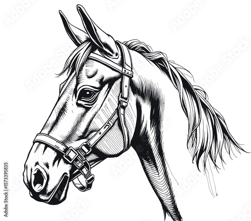 Elegant black and white horse portrait in a vintage style.