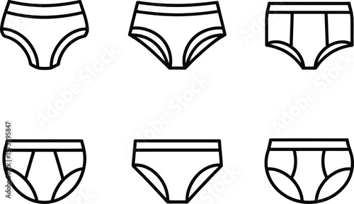 Six Simple Line Art Underwear Illustrations: High-Waisted, Bikini, and Brief Styles.
