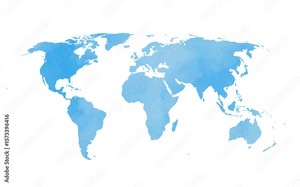 Fototapeta premium This vector world map features a beautiful watercolor texture in various shades of blue. It highlights continents and oceans, creating an artistic and modern representation of the globe.