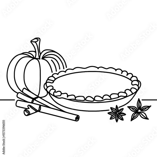 Line art illustration of a pumpkin pie with spices and whole pumpkin, black and white Thanksgiving dessert sketch with copy space